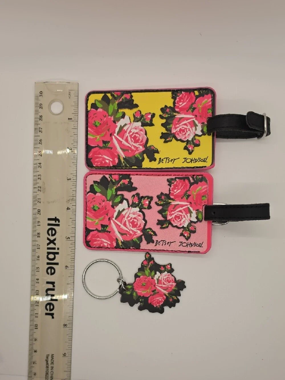 Betsey Johnson Pink & Yellow Floral Luggage Tags with Matching Keychain